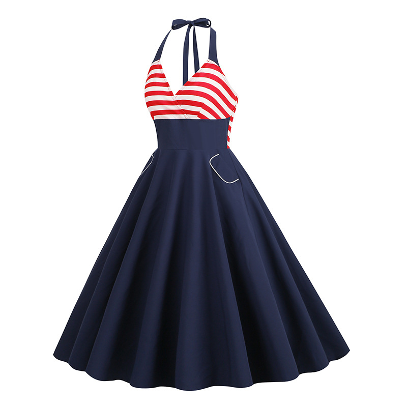 Womens Vintage Halter Neck Dresses 1950 Swing Tea Party Midi Cocktail Dress